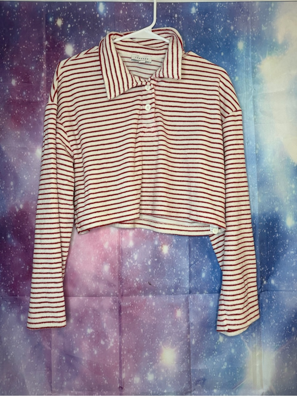 Topshop red and white striped polo features a cropped silhouette and terry cloth